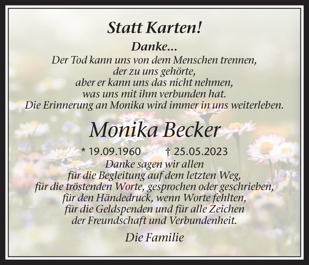  Traueranzeige für Monika Becker vom 01.07.2023 aus Medienhaus Bauer