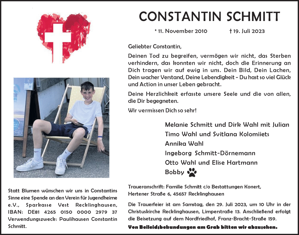  Traueranzeige für Constantin Schmitt vom 22.07.2023 aus Medienhaus Bauer