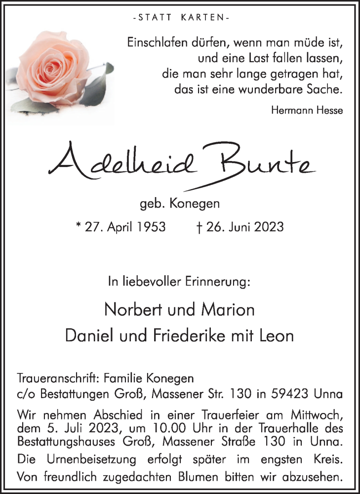  Traueranzeige für Adelheid Bunte vom 01.07.2023 aus Hellweger Anzeiger