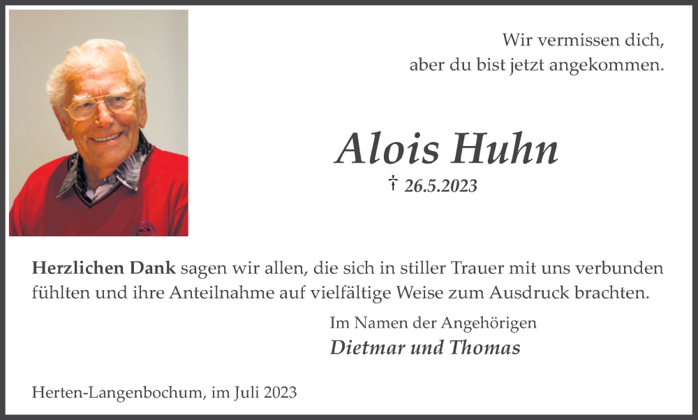  Traueranzeige für Alois Huhn vom 01.07.2023 aus Medienhaus Bauer