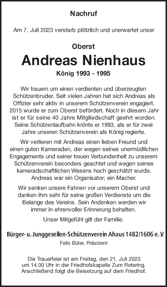  Traueranzeige für Andreas Nienhaus vom 18.07.2023 aus Münstersche Zeitung und Münsterland Zeitung