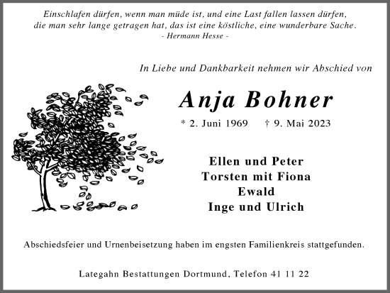 Traueranzeige von Anja Bohner 