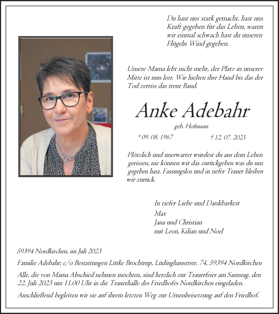 Traueranzeige von Anke Adebahr von Ruhr Nachrichten