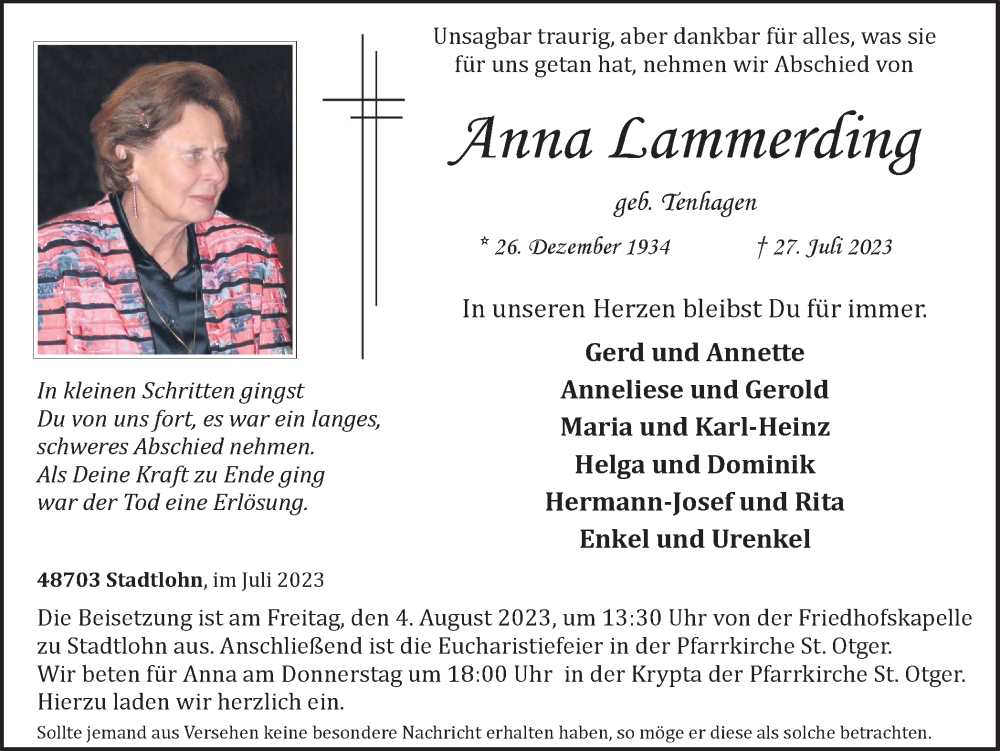  Traueranzeige für Anna Lammerding vom 29.07.2023 aus Münstersche Zeitung und Münsterland Zeitung
