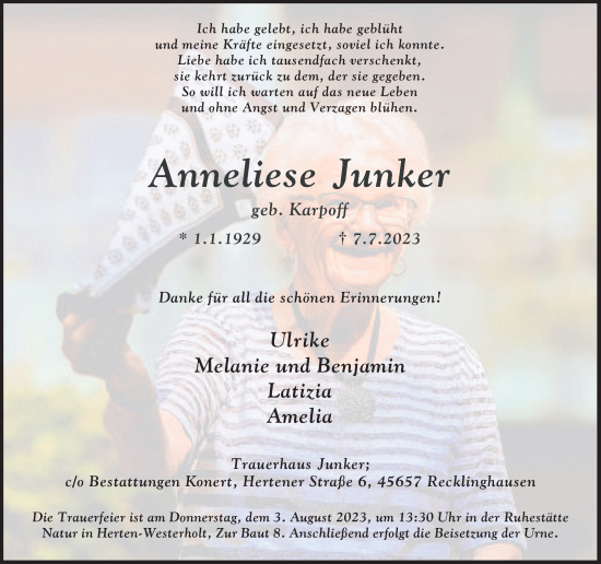 Traueranzeige von Anneliese Junker von Medienhaus Bauer