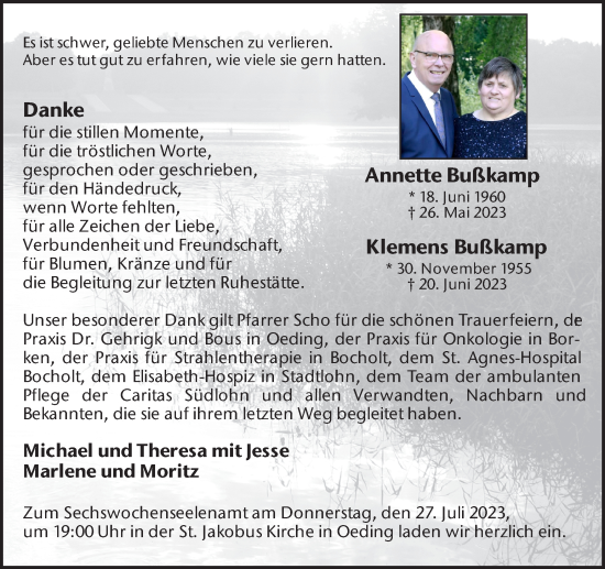 Traueranzeige von Annette und Klemens Bußkamp von Münstersche Zeitung und Münsterland Zeitung