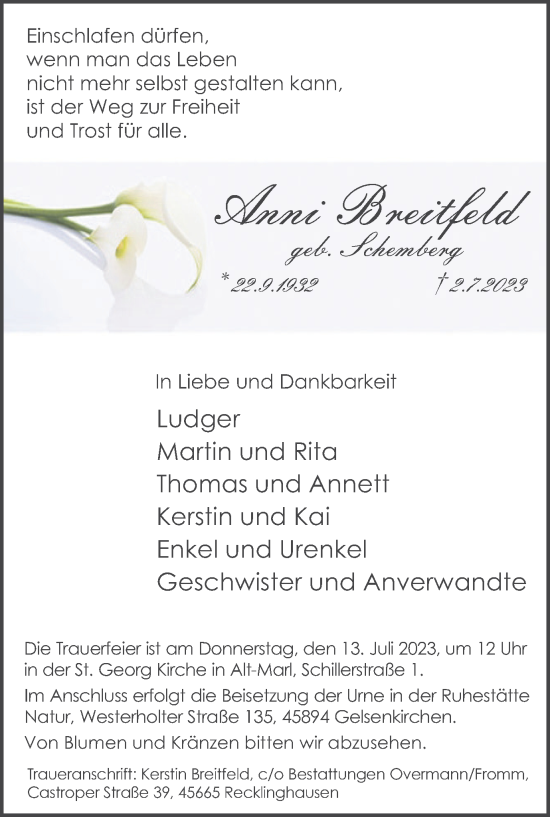 Traueranzeige von Anni Breitfeld von Medienhaus Bauer