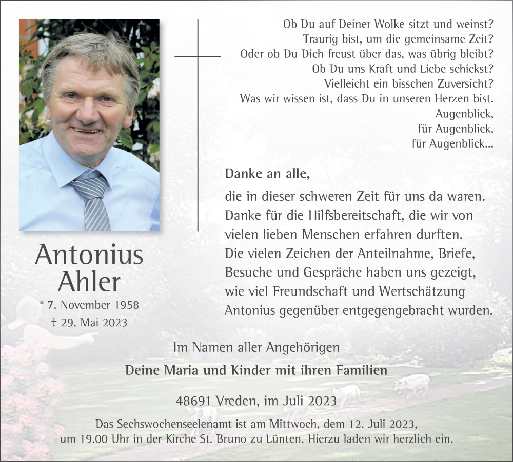  Traueranzeige für Antonius Ahler vom 06.07.2023 aus Münstersche Zeitung und Münsterland Zeitung