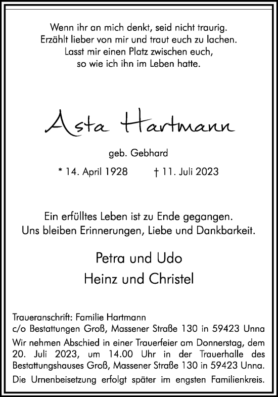 Traueranzeige von Asta Hartmann von Hellweger Anzeiger