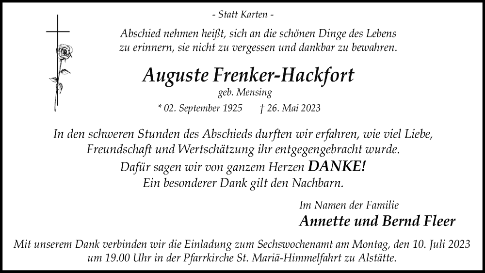  Traueranzeige für Auguste Frenker-Hackfort vom 07.07.2023 aus Münstersche Zeitung und Münsterland Zeitung