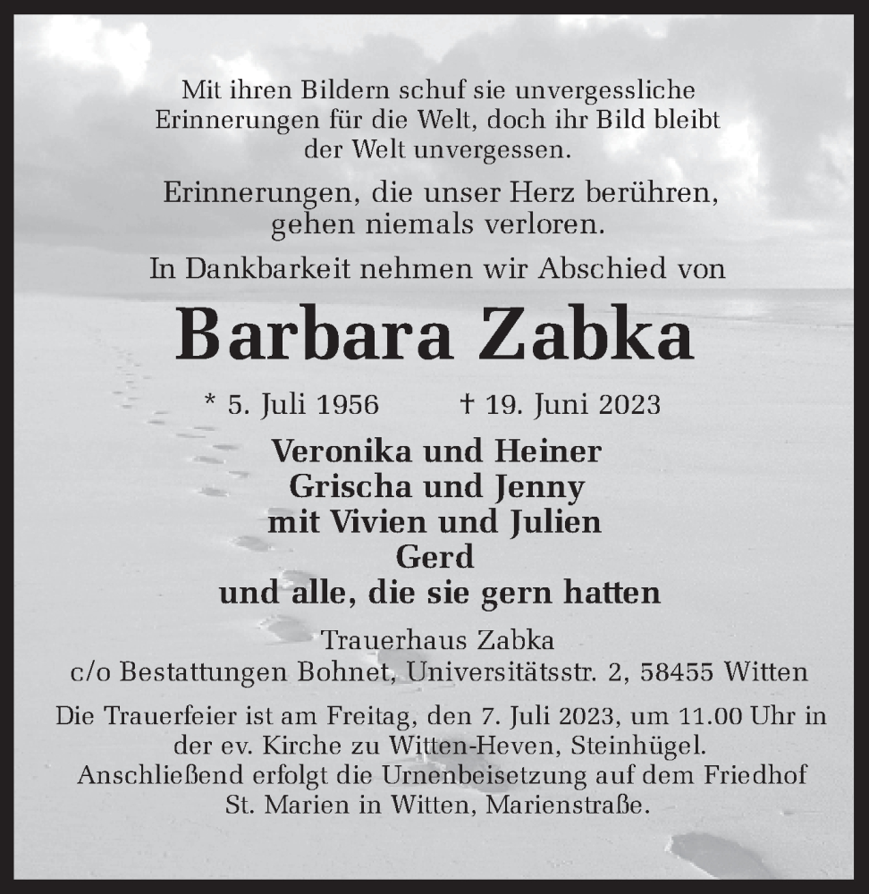  Traueranzeige für Barbara Zabka vom 01.07.2023 aus 