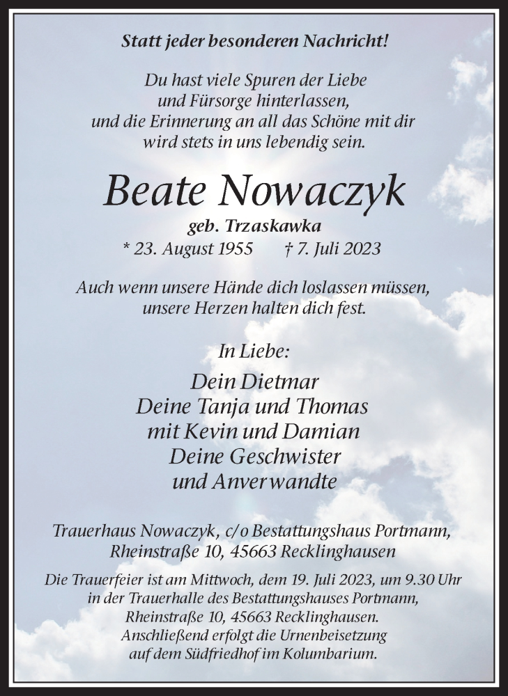  Traueranzeige für Beate Nowaczyk vom 12.07.2023 aus Medienhaus Bauer