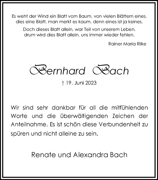 Traueranzeige von Bernhard Bach von Hellweger Anzeiger