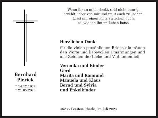 Traueranzeige von Bernhard Pierick von Ruhr Nachrichten und Dorstener Zeitung