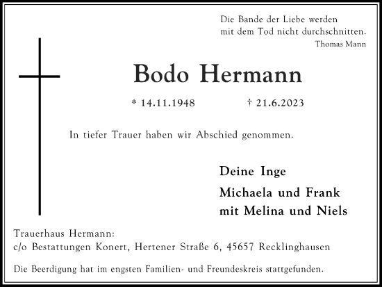 Traueranzeige von Bodo Hermann von Medienhaus Bauer