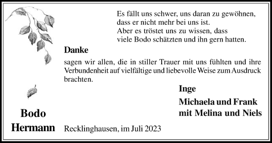 Traueranzeige von Bodo Hermann von Medienhaus Bauer