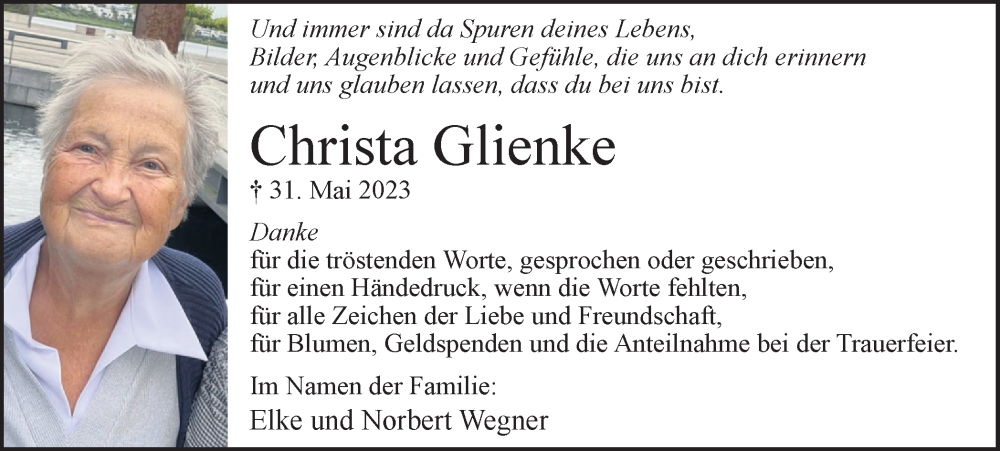  Traueranzeige für Christa Glienke vom 01.07.2023 aus Hellweger Anzeiger