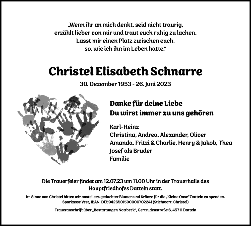  Traueranzeige für Christel Elisabeth Schnarre vom 08.07.2023 aus Medienhaus Bauer