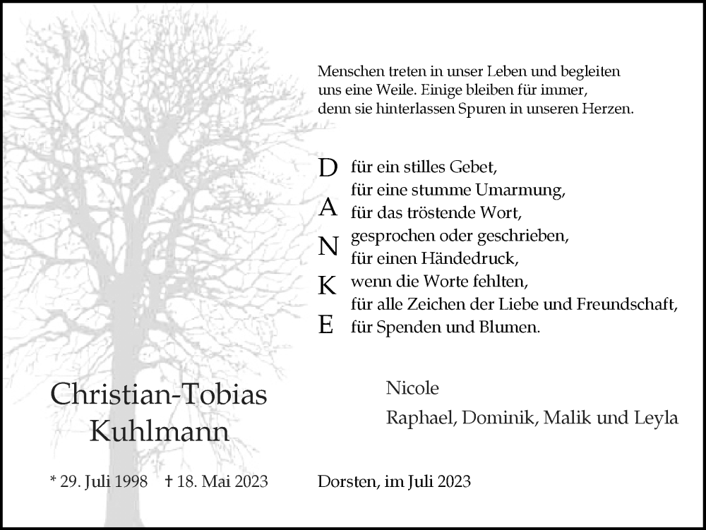  Traueranzeige für Christian-Tobias Kuhlmann vom 01.07.2023 aus Ruhr Nachrichten und Dorstener Zeitung