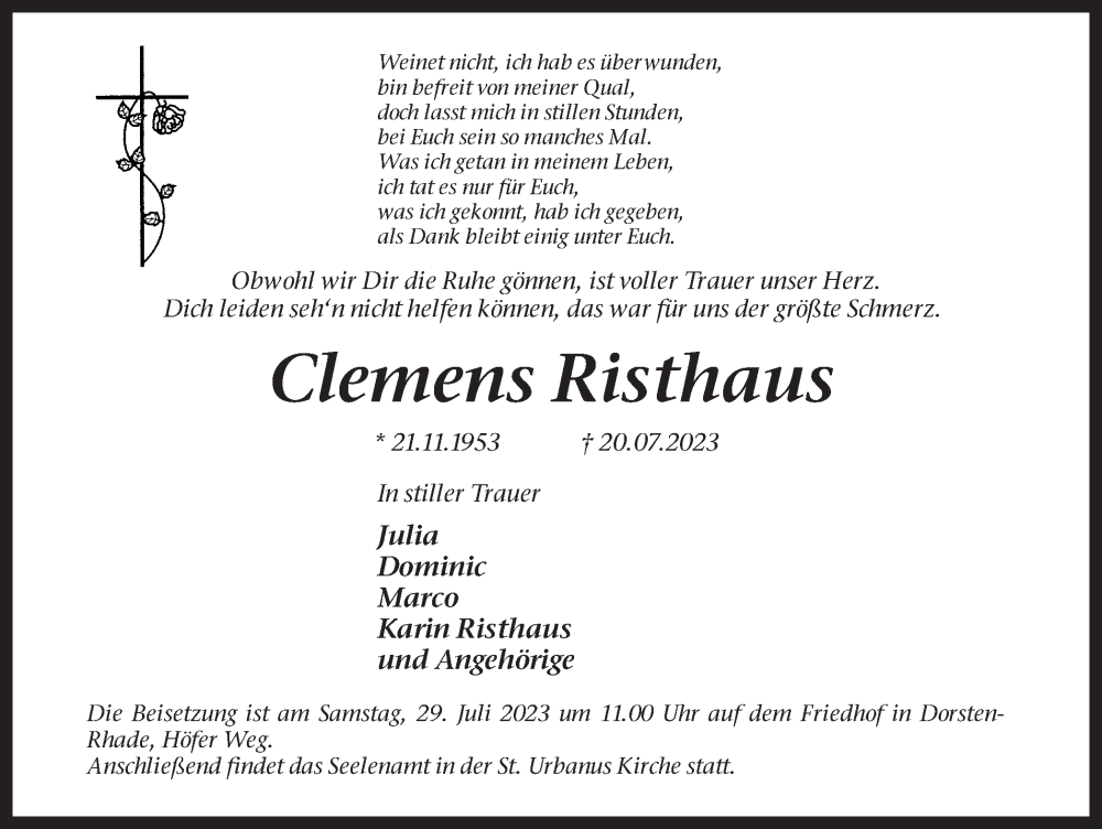 Traueranzeige für Clemens Risthaus vom 25.07.2023 aus Ruhr Nachrichten und Dorstener Zeitung