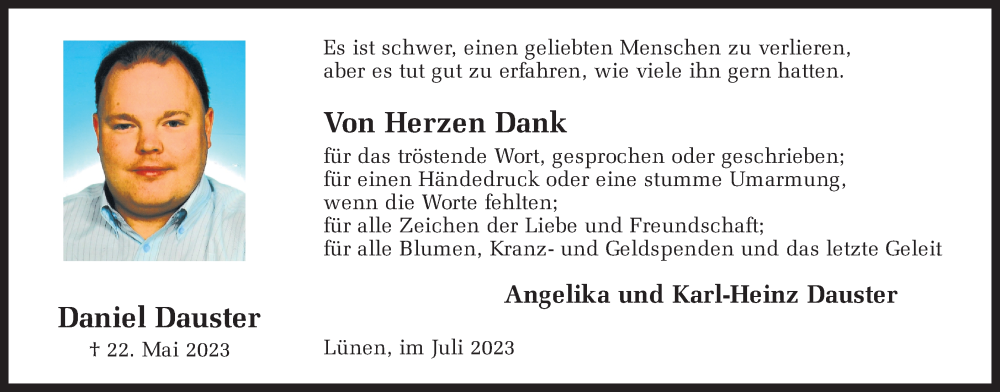  Traueranzeige für Daniel Dauster vom 05.07.2023 aus Ruhr Nachrichten