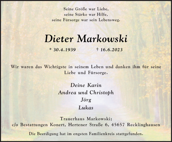 Traueranzeige von Dieter Markowski von Medienhaus Bauer