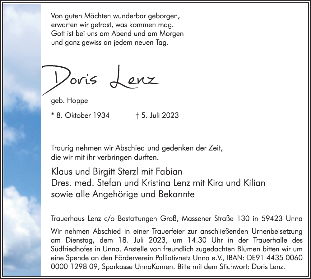  Traueranzeige für Doris Lenz vom 12.07.2023 aus Hellweger Anzeiger