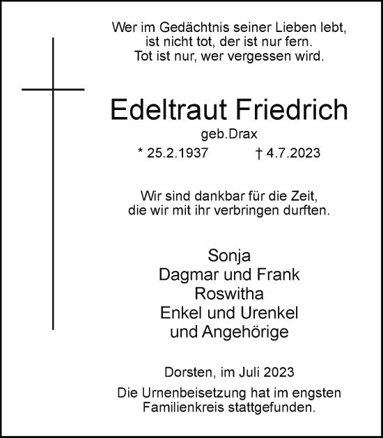 Traueranzeige von Edeltraut Friedrich von Ruhr Nachrichten und Dorstener Zeitung