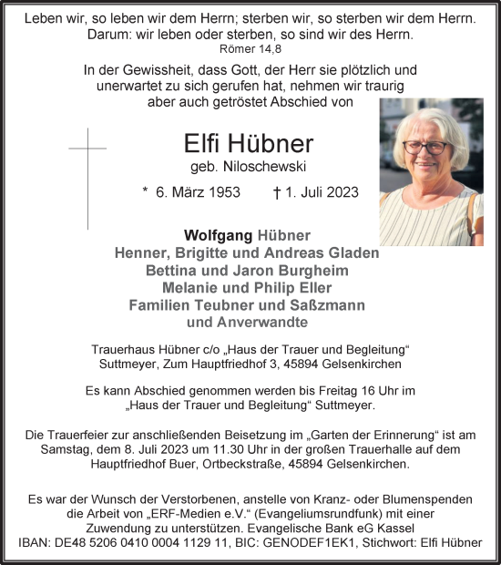 Traueranzeige von Elfi Hübner von Ruhr Nachrichten und Dorstener Zeitung