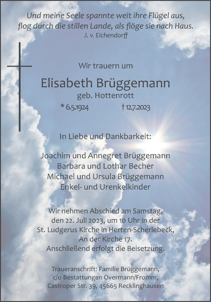  Traueranzeige für Elisabeth Brüggemann vom 15.07.2023 aus Medienhaus Bauer