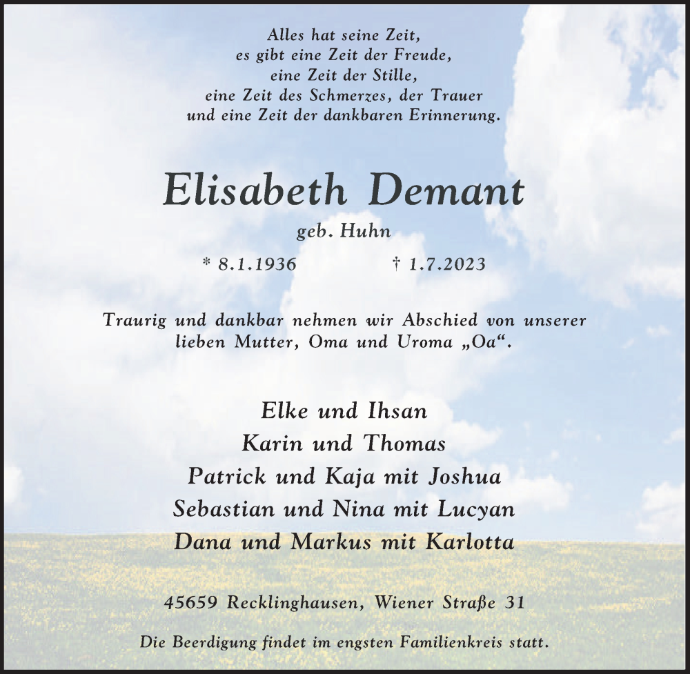  Traueranzeige für Elisabeth Demant vom 08.07.2023 aus Medienhaus Bauer