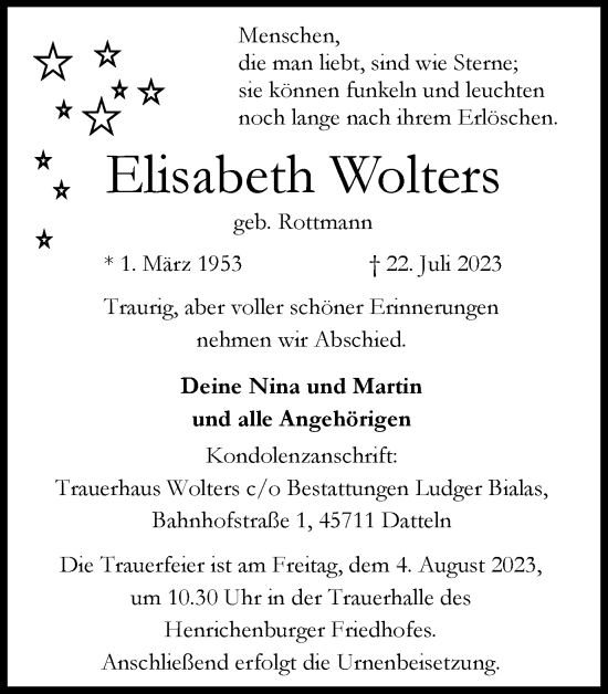 Traueranzeige von Elisabeth Wolters von Medienhaus Bauer