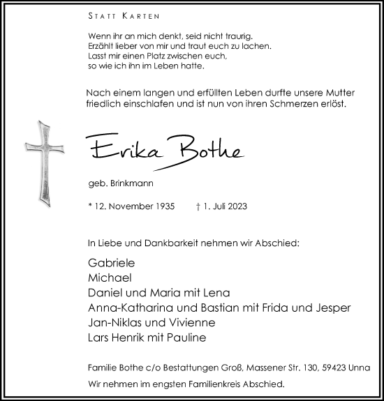 Traueranzeige von Erika Bothe von Hellweger Anzeiger