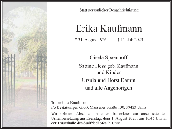 Traueranzeige von Erika Kaufmann von Hellweger Anzeiger