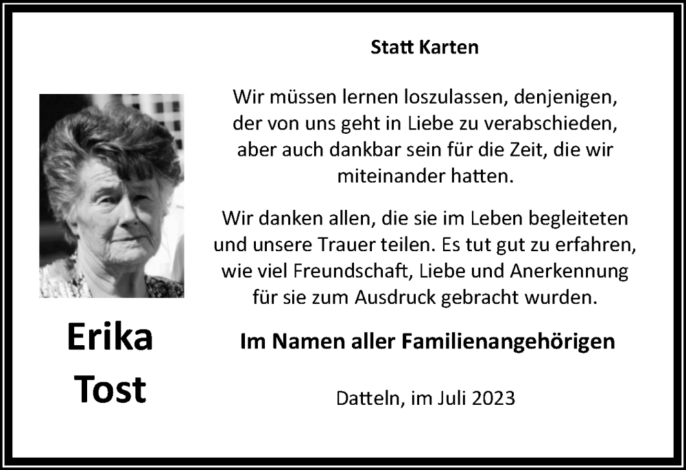  Traueranzeige für Erika Tost vom 15.07.2023 aus Medienhaus Bauer