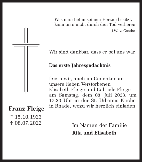 Traueranzeige von Franz Fleige von Ruhr Nachrichten und Dorstener Zeitung