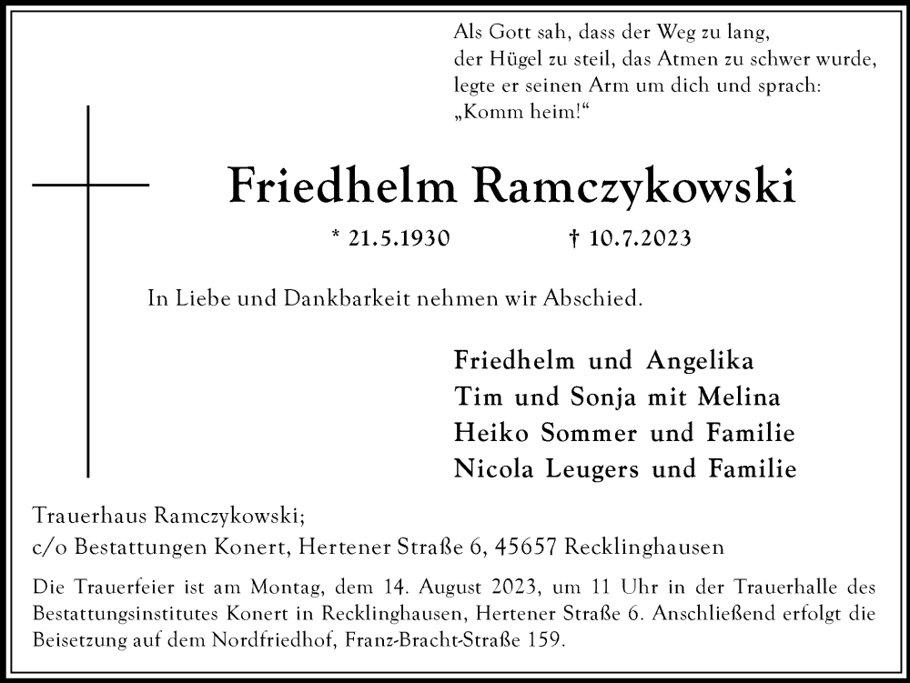  Traueranzeige für Friedhelm Ramczykowski vom 29.07.2023 aus Medienhaus Bauer