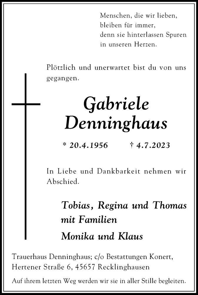  Traueranzeige für Gabriele Denninghaus vom 15.07.2023 aus Medienhaus Bauer