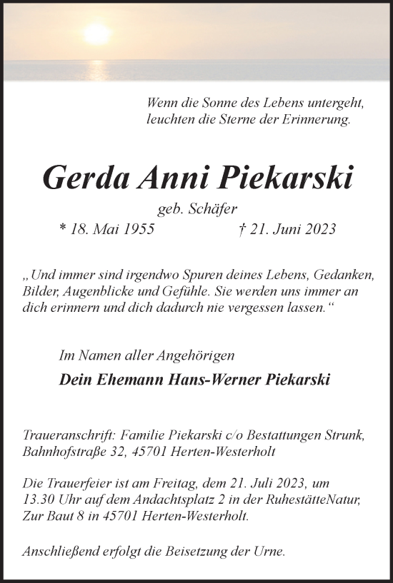 Traueranzeige von Gerda Anni Piekarski von Medienhaus Bauer
