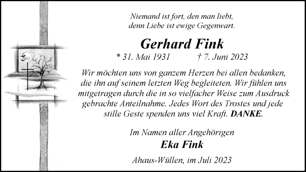  Traueranzeige für Gerhard Fink vom 01.07.2023 aus Münstersche Zeitung und Münsterland Zeitung