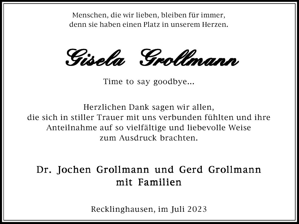  Traueranzeige für Gisela Grollmann vom 08.07.2023 aus Medienhaus Bauer
