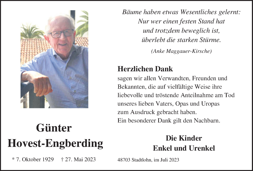  Traueranzeige für Günter Hovest-Engberding vom 22.07.2023 aus Münstersche Zeitung und Münsterland Zeitung