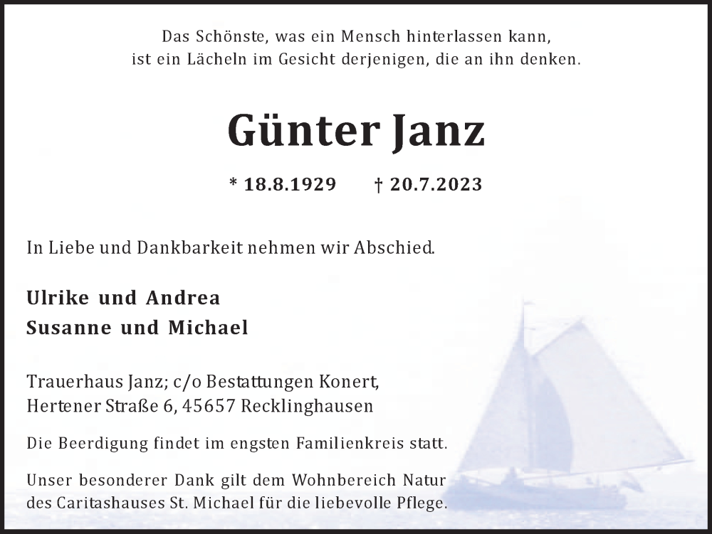  Traueranzeige für Günter Janz vom 22.07.2023 aus Medienhaus Bauer