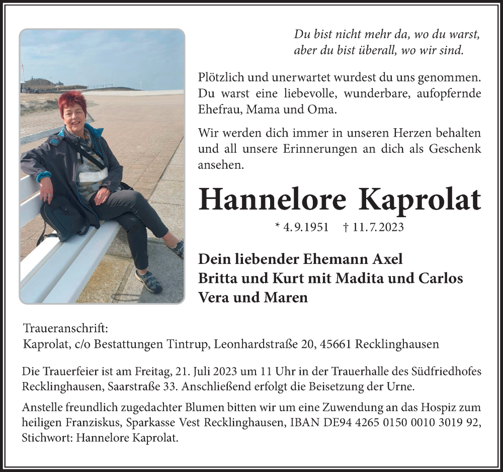  Traueranzeige für Hannelore Kaprolat vom 19.07.2023 aus Medienhaus Bauer