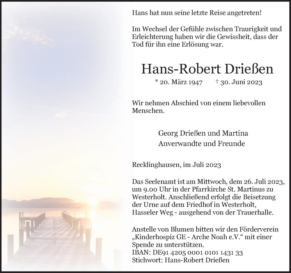  Traueranzeige für Hans-Robert Drießen vom 19.07.2023 aus Medienhaus Bauer