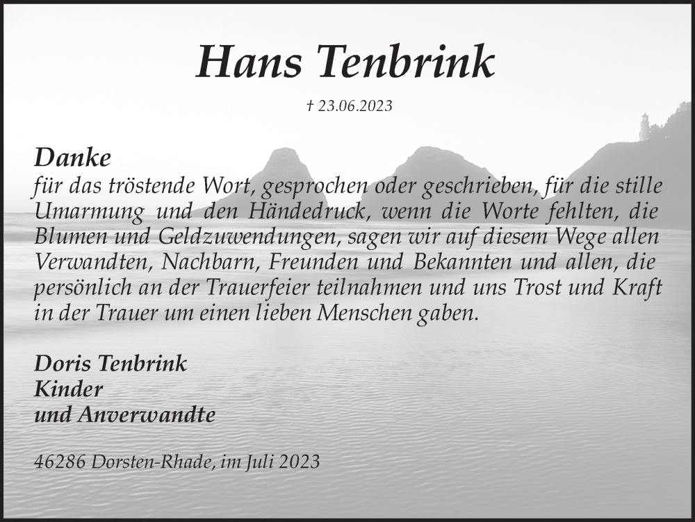  Traueranzeige für Hans Tenbrink vom 22.07.2023 aus Ruhr Nachrichten und Dorstener Zeitung