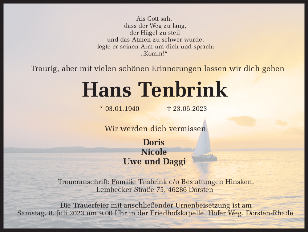  Traueranzeige für Hans Tenbrink vom 01.07.2023 aus Ruhr Nachrichten und Dorstener Zeitung