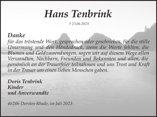 Traueranzeige von Hans Tenbrink von Ruhr Nachrichten und Dorstener Zeitung