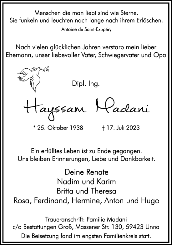 Traueranzeige von Hayssam Madani von Hellweger Anzeiger