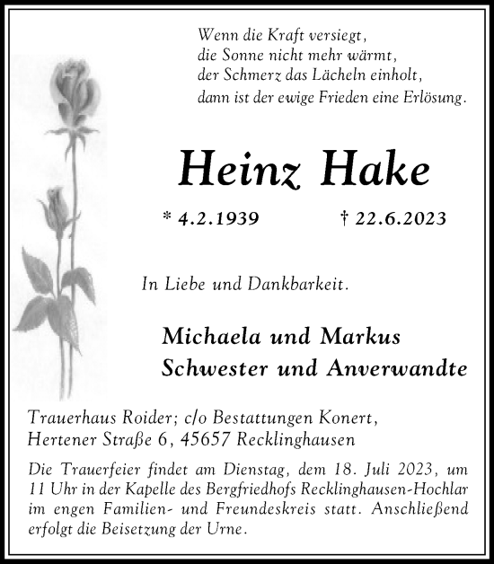 Traueranzeige von Heinz Hake von Medienhaus Bauer